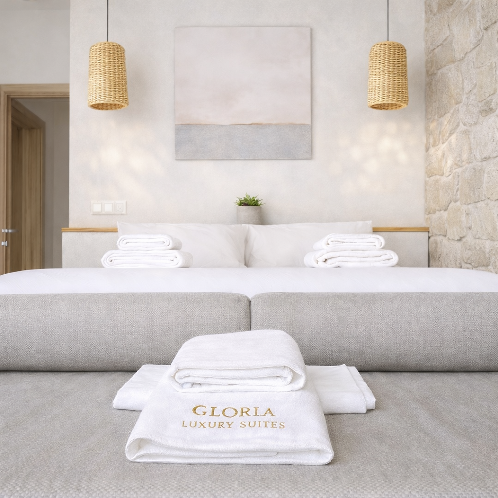 Gloria Luxury Suites bed with branded towels and Afytos stone wall