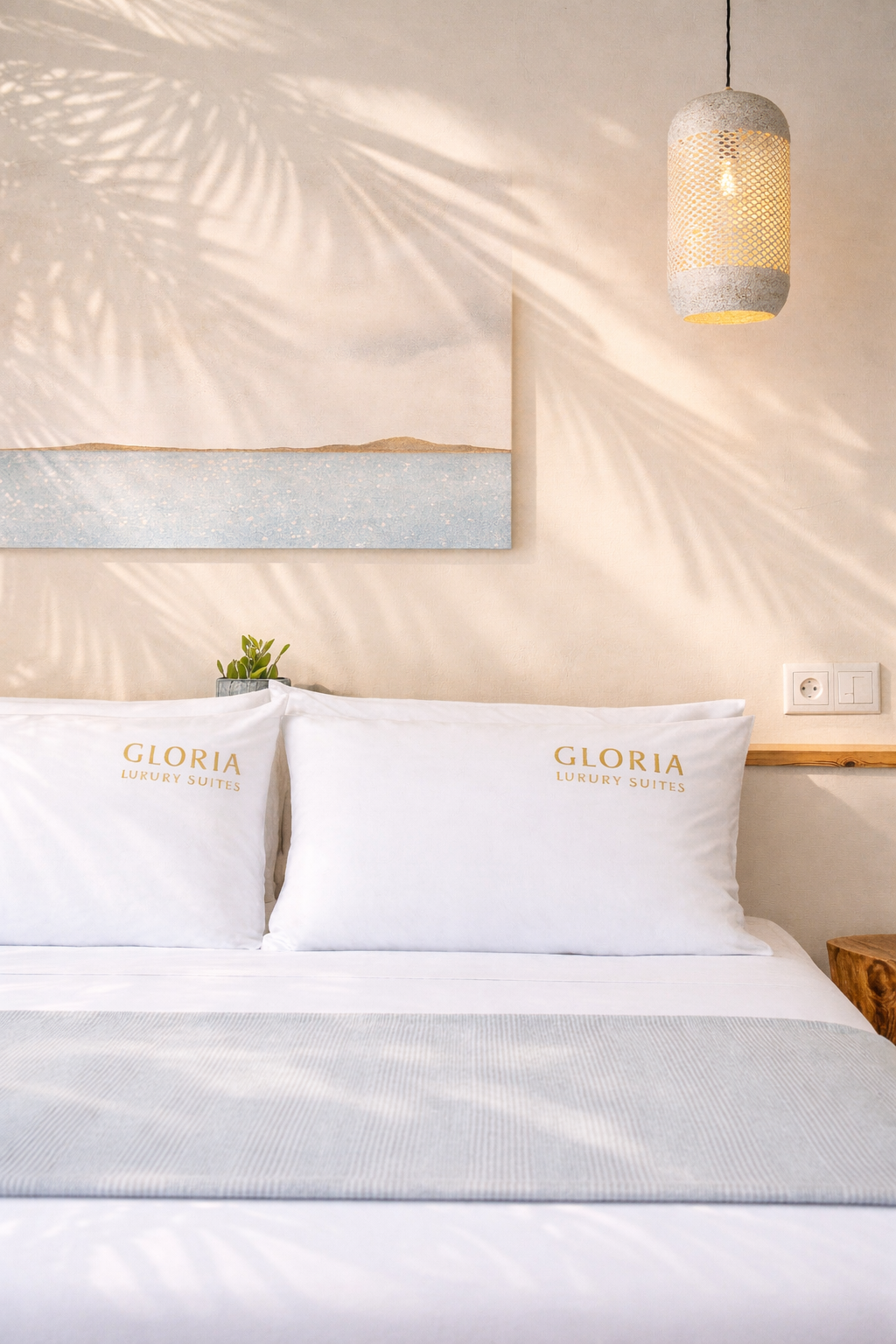 Gloria branded pillows with palm shadow and pendant light