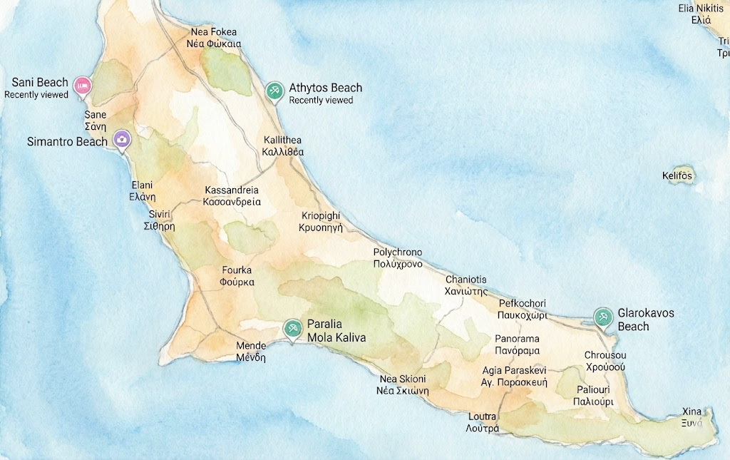 Map of Kassandra beaches near Gloria Luxury Suites