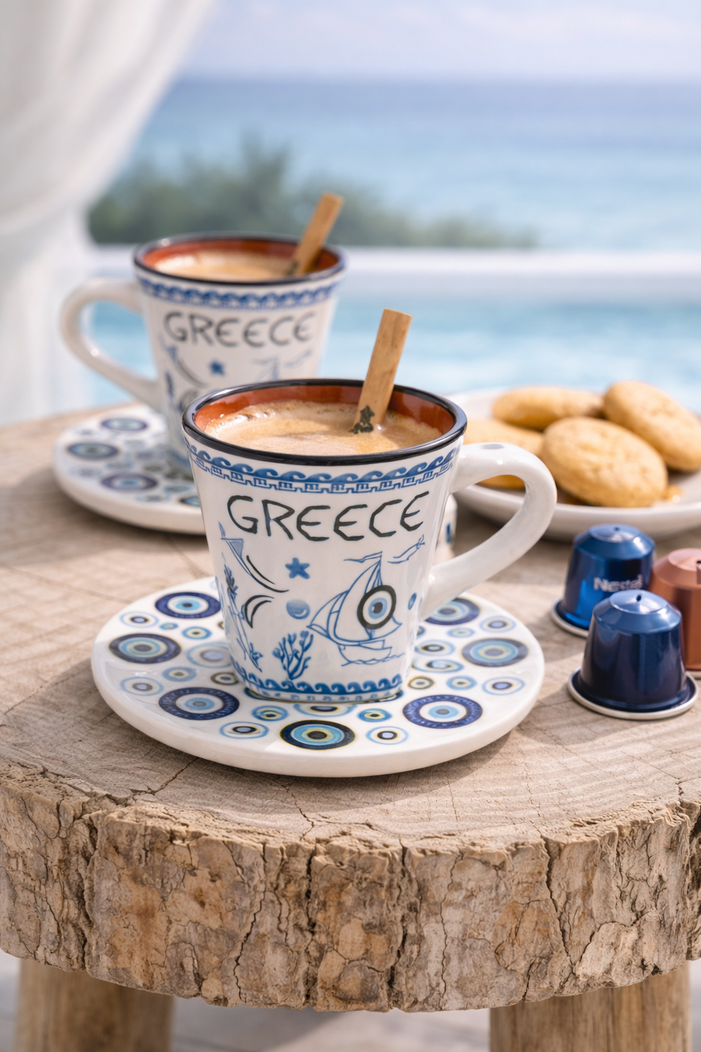 Greek coffee with Nespresso capsules and sea view