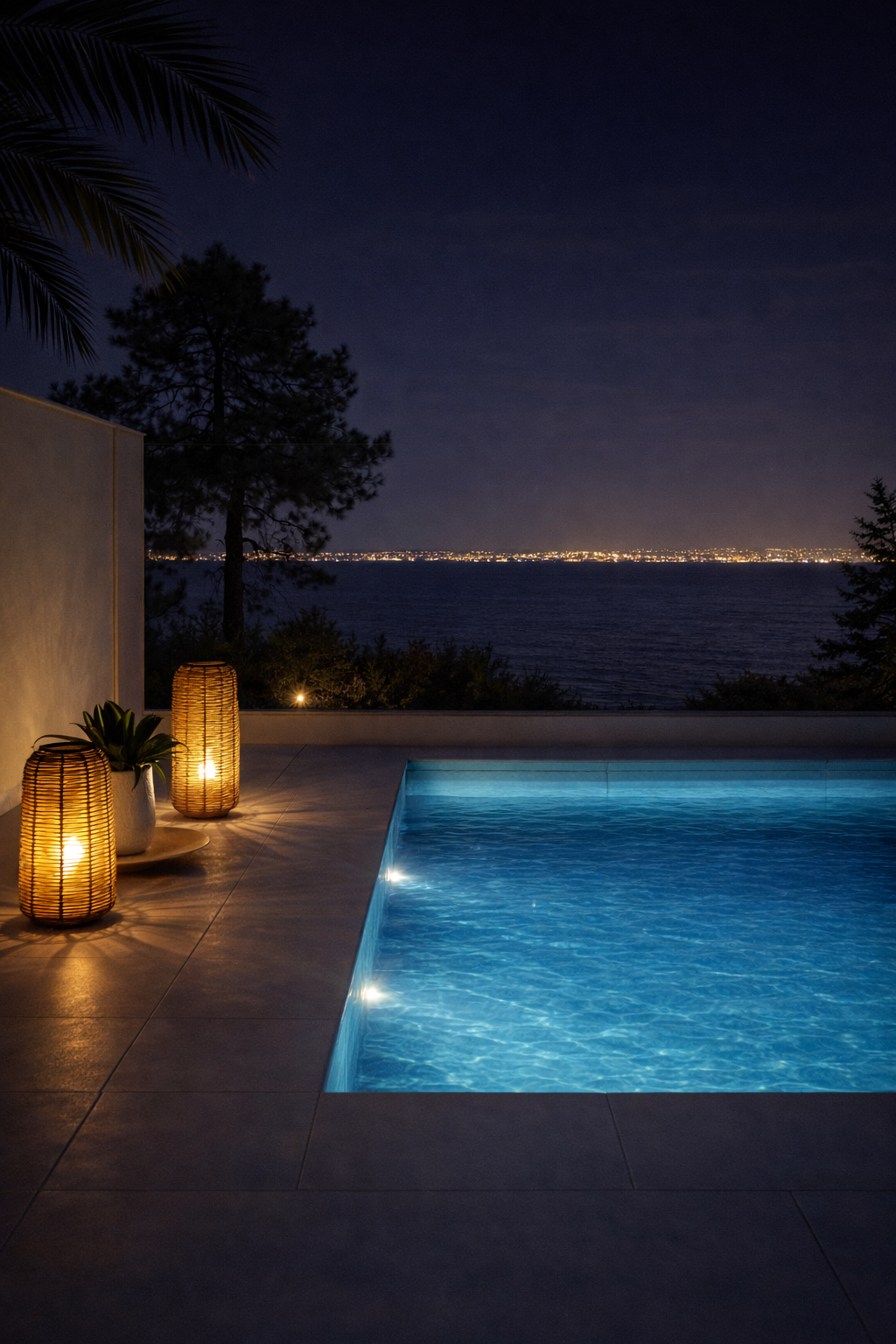 Queen Suite private pool illuminated at night