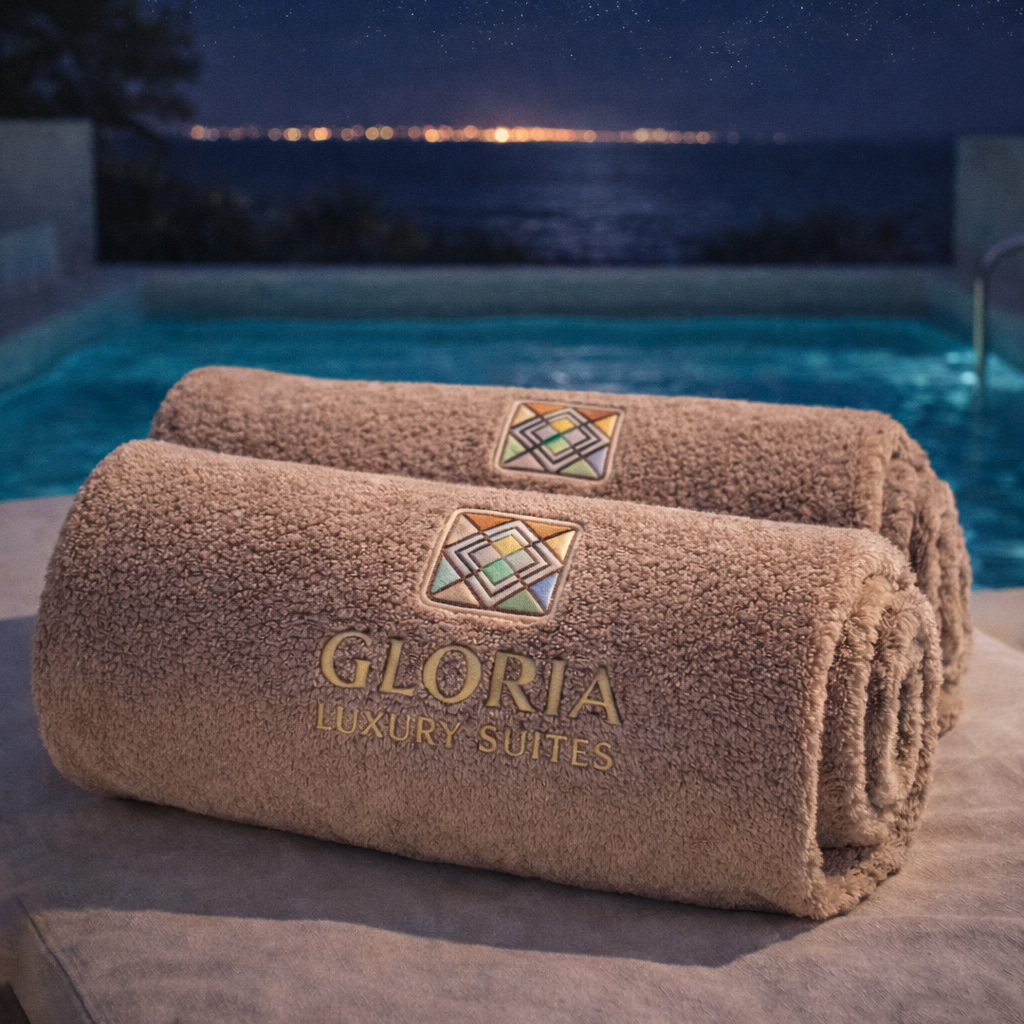 Gloria Luxury Suites towels by the pool at night