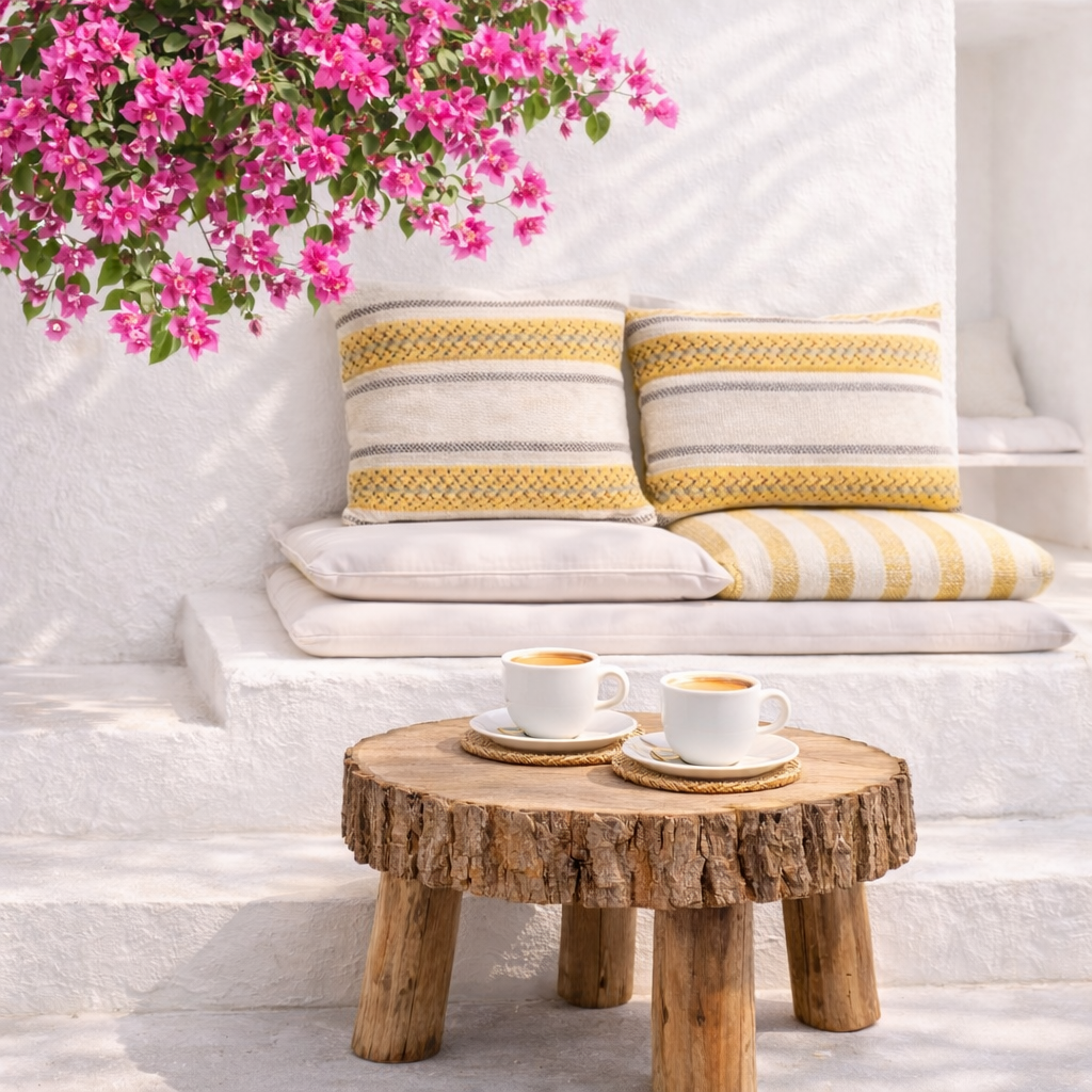 Outdoor terrace sofa with bougainvillea and coffee