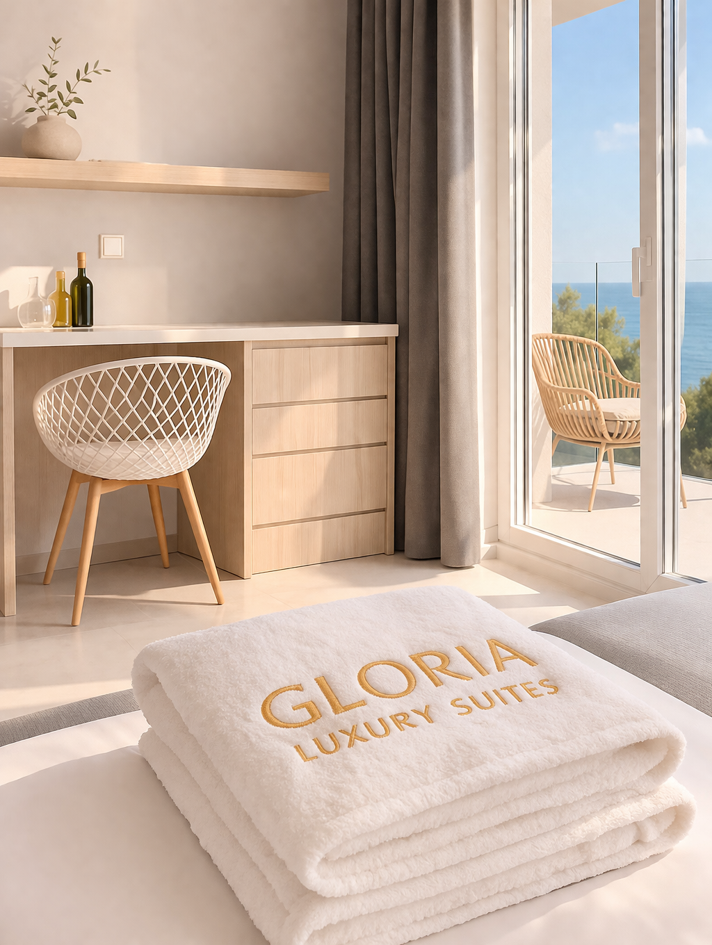 Gloria towel on bed with sea view through glass doors